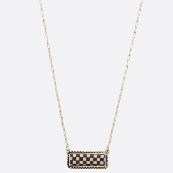 WESTERN CHECKERED PATTERN RECTANGLE PENDANT OVAL LINK NECKLACE