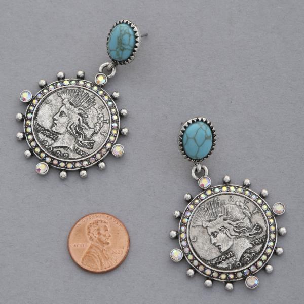 WESTERN STYLE COIN TURQUOISE BEAD DANGLE EARRING