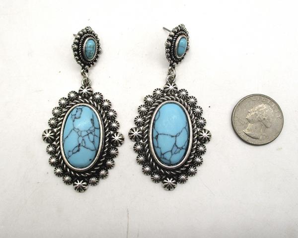 WESTERN STYLE TQ STONE OVAL DANGLE EARRING