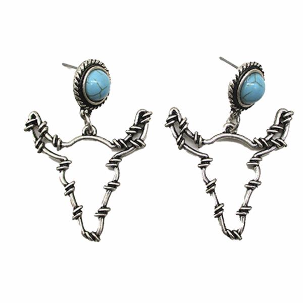 WESTERN STYLE TQ STONE COW SKULL DANGLE EARRING