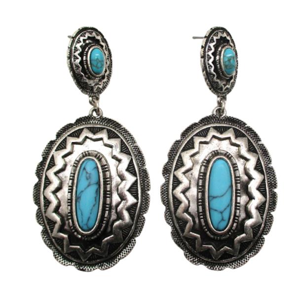 WESTERN STYLE TQ STONE OVAL DANGLE EARRING