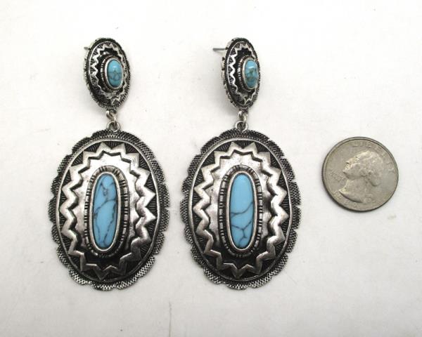 WESTERN STYLE TQ STONE OVAL DANGLE EARRING