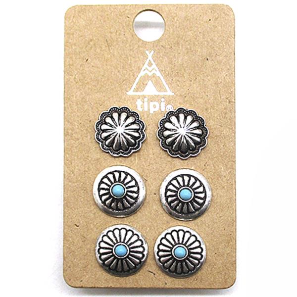 WESTERN STYLE TQ STONE STUD EARRING 3 PAIR SET