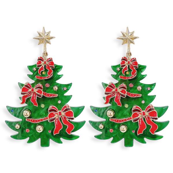 CHRISTMAS ACETATE TREE BOW DANGLE EARRING