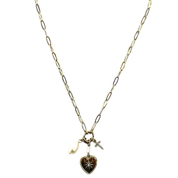 METAL CHAIN HEART PEARL PENDANT NECKLACE