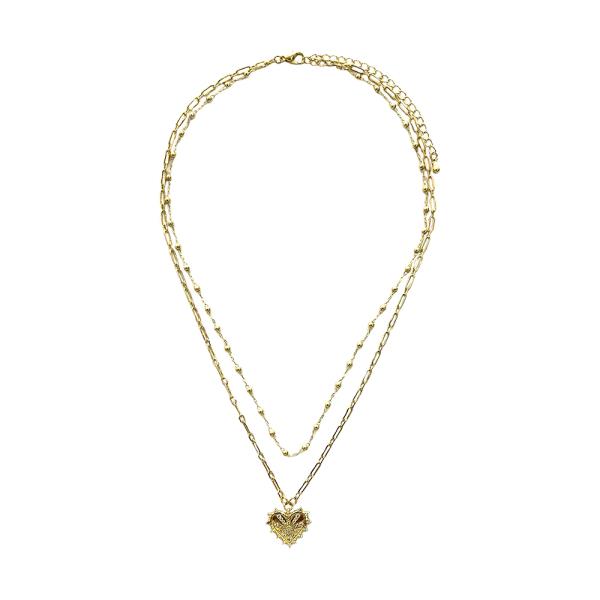 2 LAYERED METAL CHAIN HEART PENDANT NECKLACE