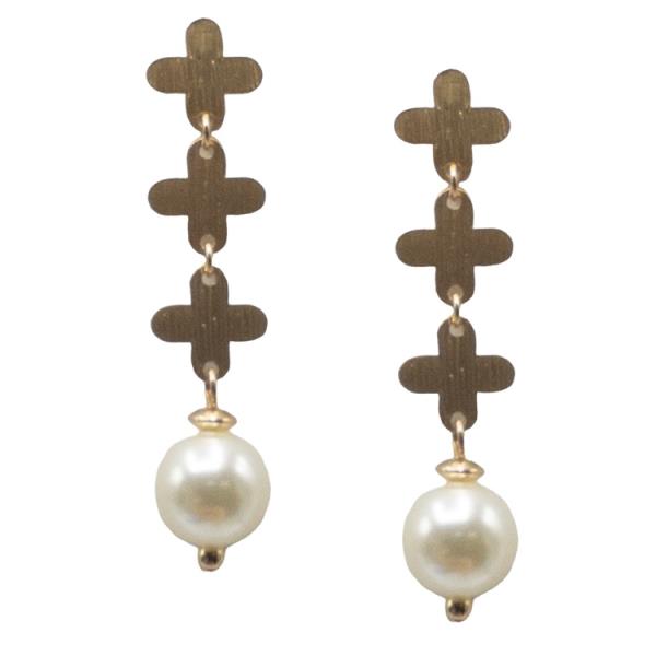 METAL TRIPLE CROSS DROP PEARL EARRING