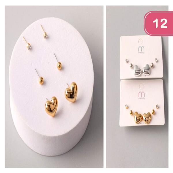 SYMMETRICAL HEART STUD EARRING SET (12 UNITS)