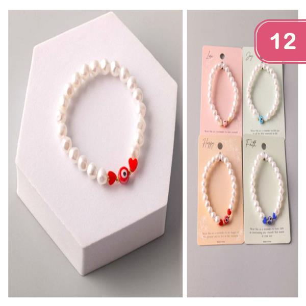 EVIL EYE HEART PEARL BRACELET (12 UNITS)