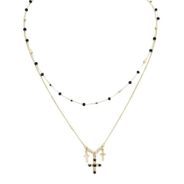 2 LAYERED METAL CHAIN CROSS PENDANT NECKLACE