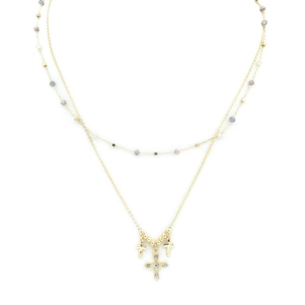 2 LAYERED METAL CHAIN CROSS PENDANT NECKLACE