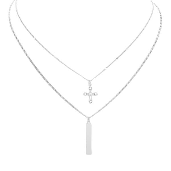 2 LAYERED METAL CHAIN CROSS BAR PENDANT NECKLACE