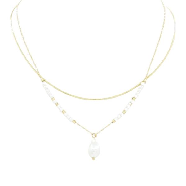 2 LAYERED METAL CHAIN PEARL PENDANT NECKLACE