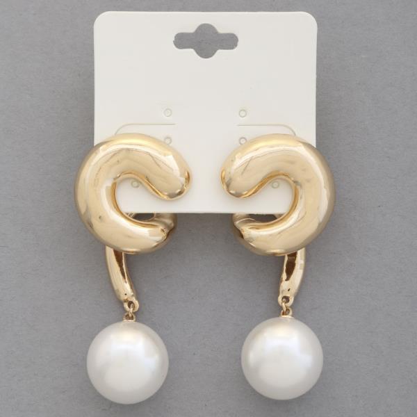 C SHAPE PEARL BEAD METAL DANGLE EARRING