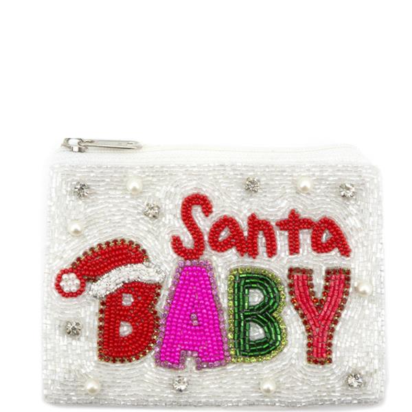 CHRISTMAS SEED BEAD SANTA BABY COIN PURSE BAG