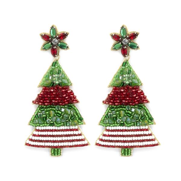 CHRISTMAS TREE SEED BEED RHINESTONE EARRING