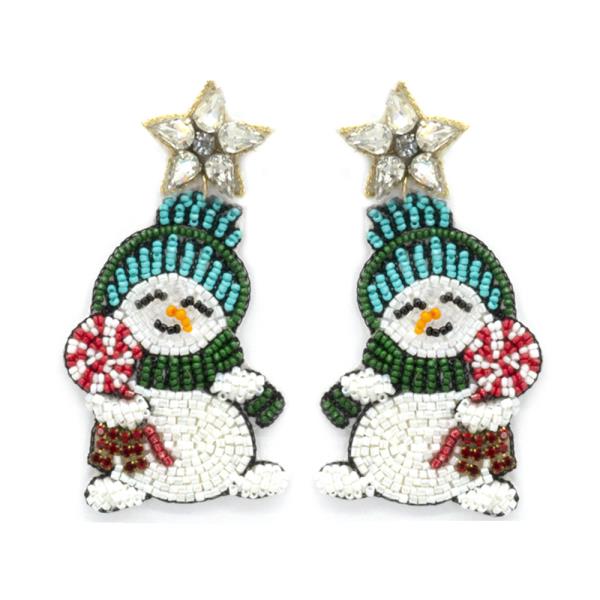 CHRISTMAS SNOWMAN RHINESTONE SEED BEAD EARRINGS