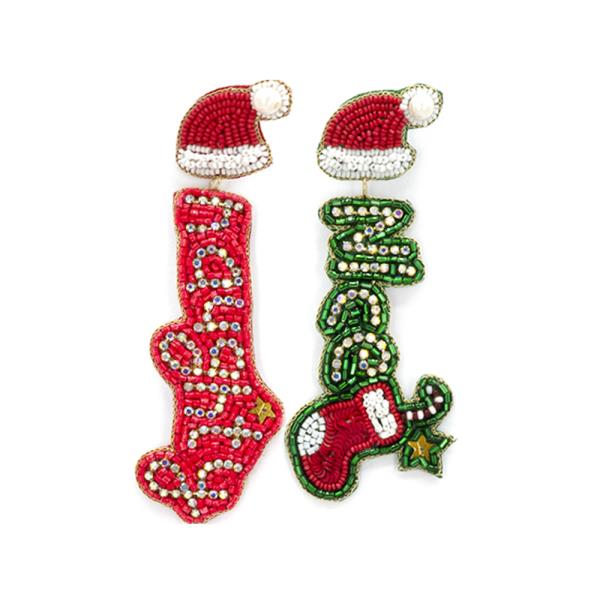 CHRISTMAS NAUGHTY AND NICE RHINESTONE SEED BEAD EARRINGS