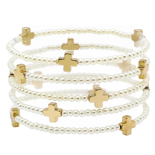 MULTI METAL CROSS AND PEARL BRACELET