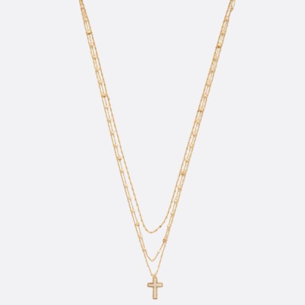 DAINTY CROSS CHARM MOTHER OF PEARL LAYERED BEADED NECKLACE