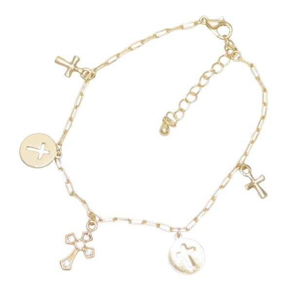 CROSS CHARM COIN OVAL LINK METAL BRACELET