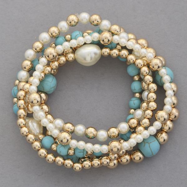 TURQUOISE PEARL BALL BEAD STACKABLE BRACELET SET