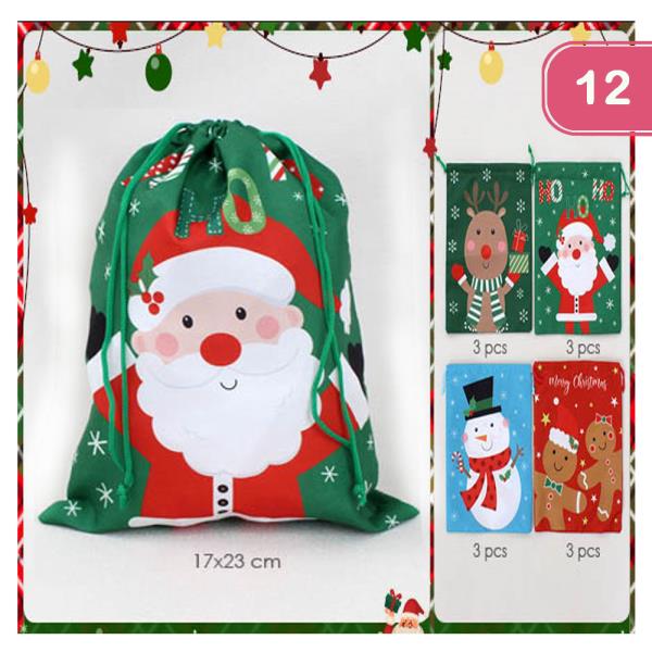 SANTA AND FRIENDS CHRISTMAS DRAWSTRING GIFT BAG (12 UNITS)