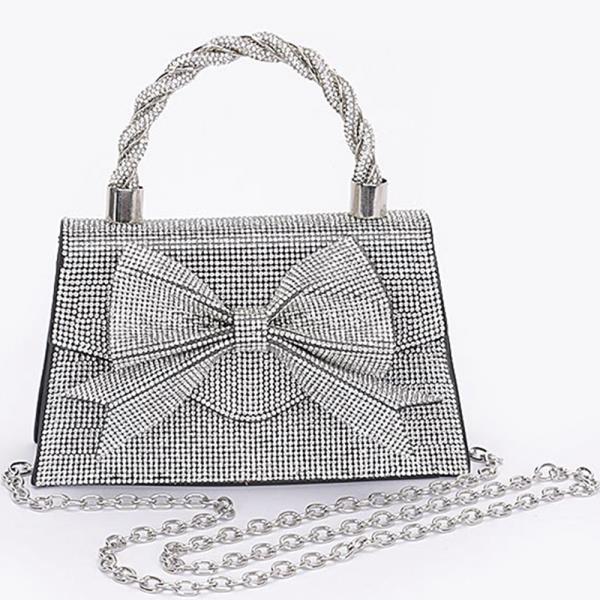 RHINESTONE RIBBON TOP HANDLE FLAP BAG