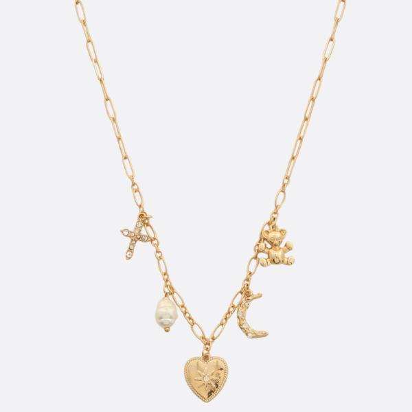 HEART MOON MULTI CHARM OVAL LINK NECKLACE