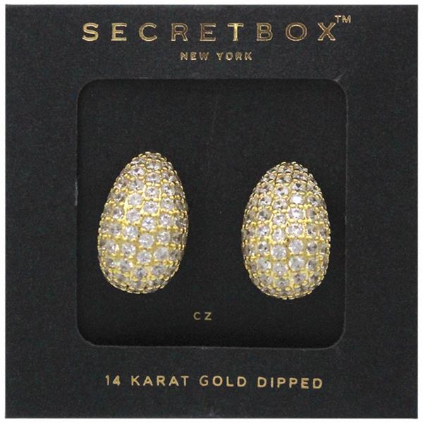 SECRET BOX 14K GOLD STERLING SILVER DIPPED CZ PAVED OBLONG DOME STUD EARRING