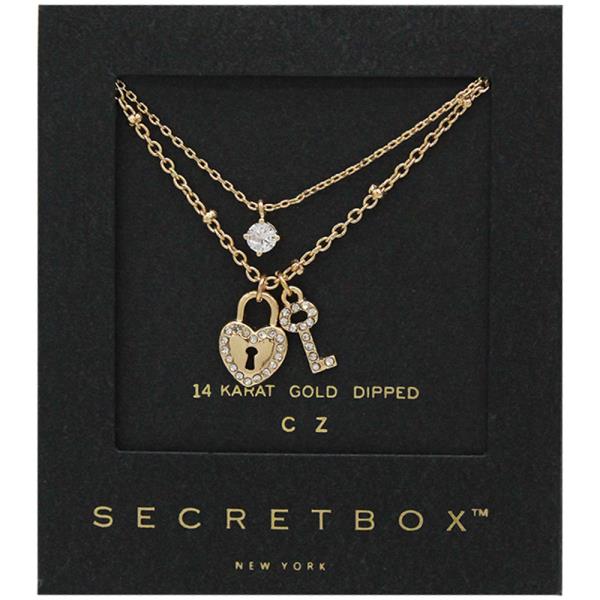 SECRET BOX 14K GOLD STERLING SILVER DIPPED CZ PENDANT LOCK AND KEY LAYERED NECKLACE