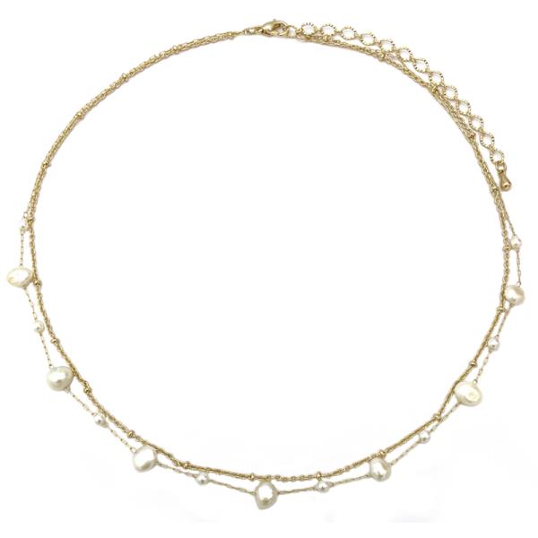 2 LAYERED METAL CHAIN PEARL NECKLACE