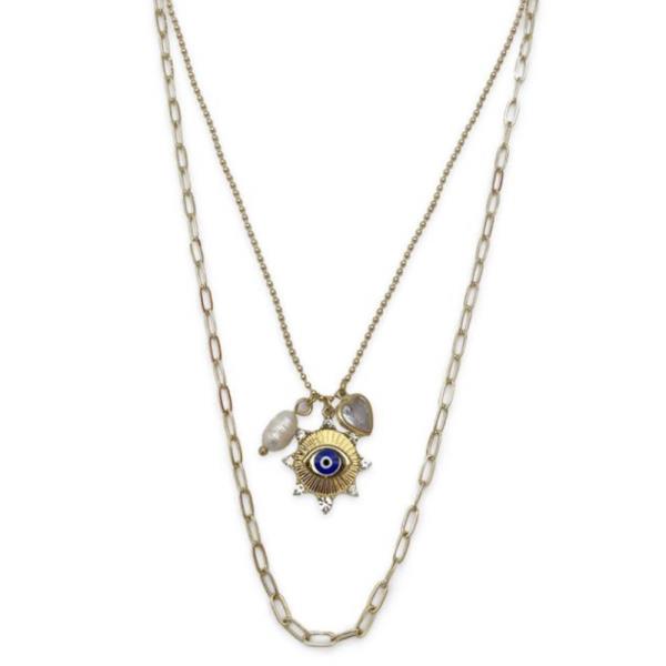 2 LAYERED CHAIN EVIL EYE PENDANT NECKLACE