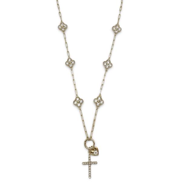 RHINESTONE CLOVER STATION CROSS PENDANT NECKLACE