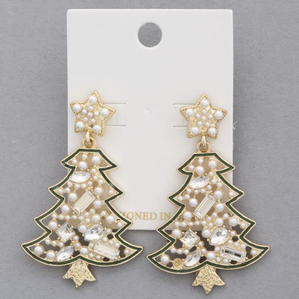 CHRISTMAS TREE PEARL BEAD DANGLE EARRING