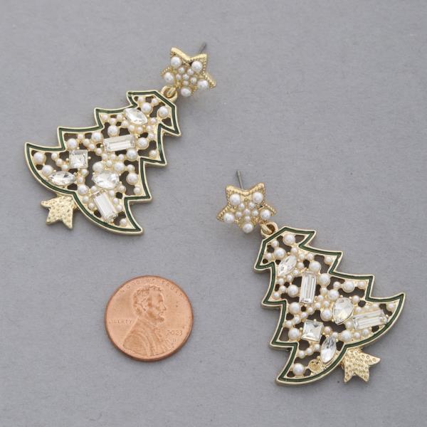 CHRISTMAS TREE PEARL BEAD DANGLE EARRING