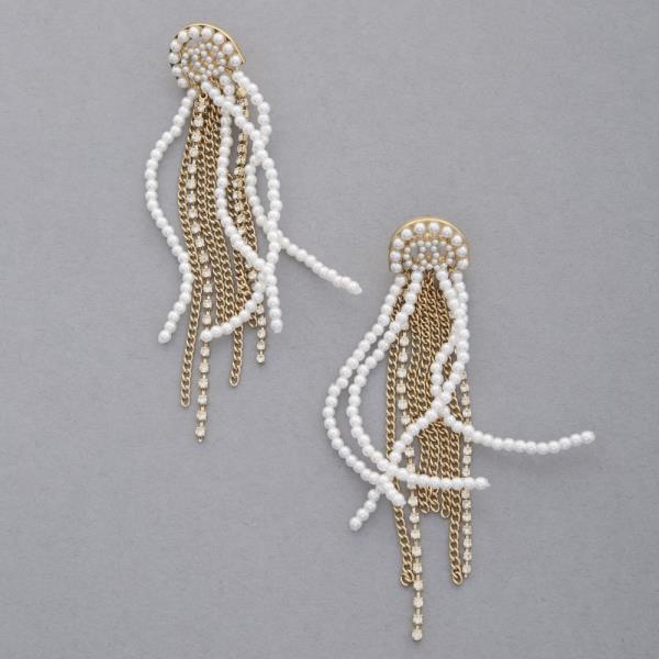 PEARL METAL CHAIN RHINESTONE DANGLE EARRING