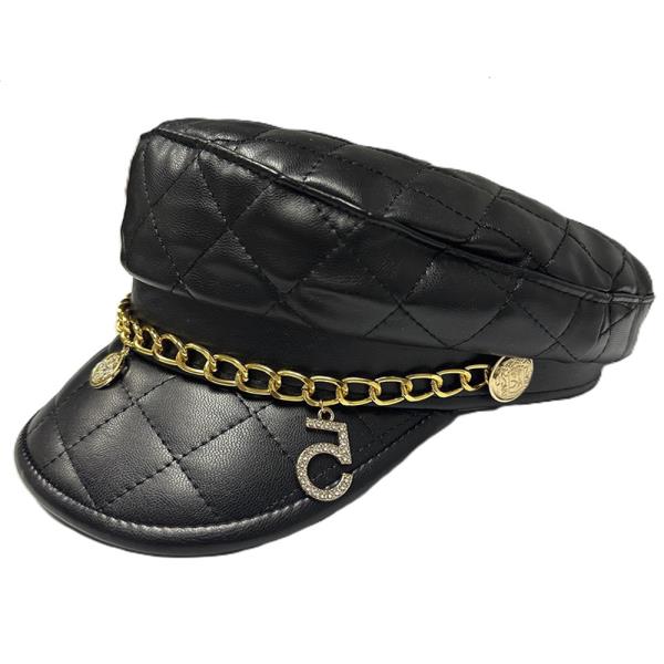 FAUX LEATHER QUILTING MULTI CHARM CHAIN CABBY HAT