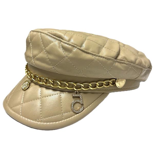 FAUX LEATHER QUILTING MULTI CHARM CHAIN CABBY HAT