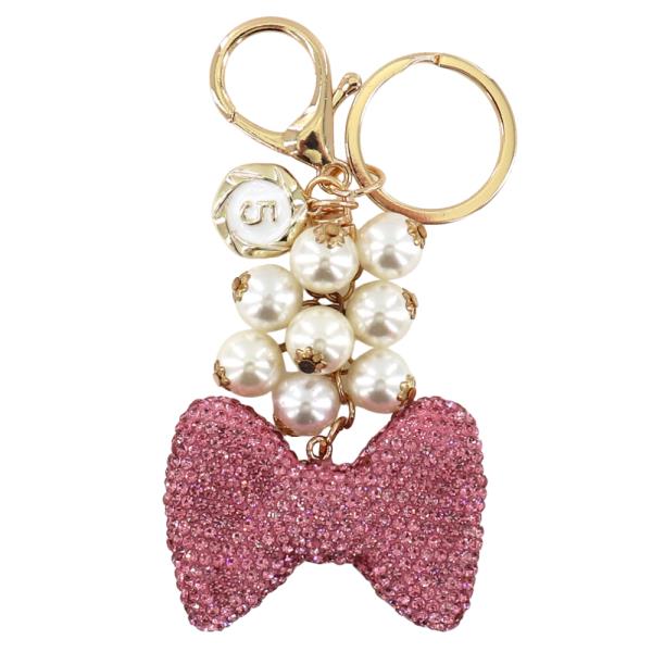 RHINESTONE RIBBON PEARL KEYCHAIN