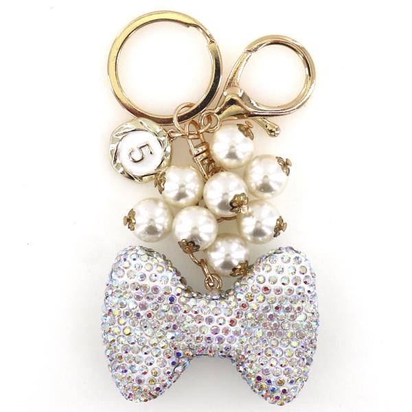 RHINESTONE RIBBON PEARL KEYCHAIN