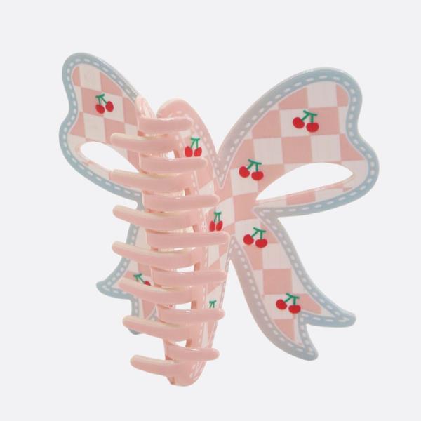 CHECKERED CHERRY PATTERN BUTTERFLY CLAW HAIR CLIP