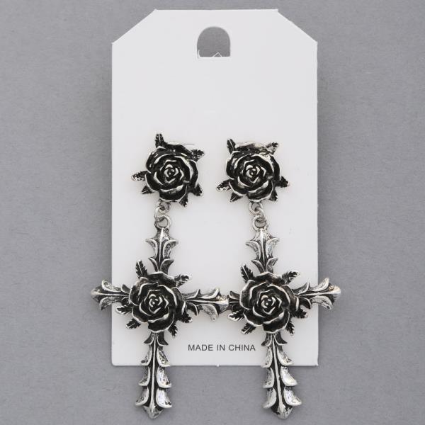 RUSTIC CROSS ROSE METAL DANGLE EARRING