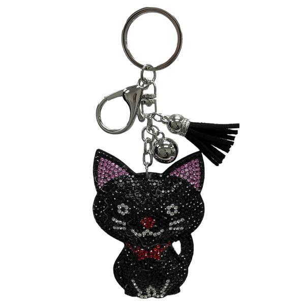 RHINESTONE CAT KEYCHAIN WITH TASSEL