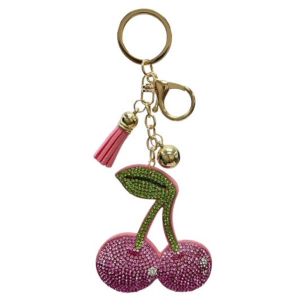 RHINESTONE CHERRY KEYCHAIN WITH TASSEL