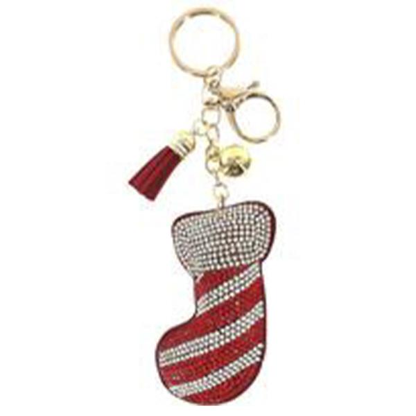 RHINESTONE CHRISTMAS SOCKS KEYCHAIN WITH TASSEL