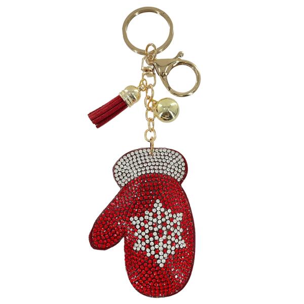 RHINESTONE CHRISTMAS GLOVES KEYCHAIN WITH TASSEL