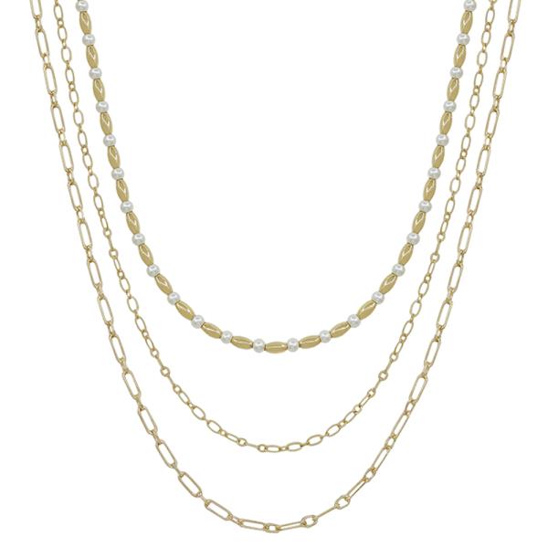 3 LAYERED CLIP CHAIN, OVAL CCB & PEARL SHORT NECKLACE