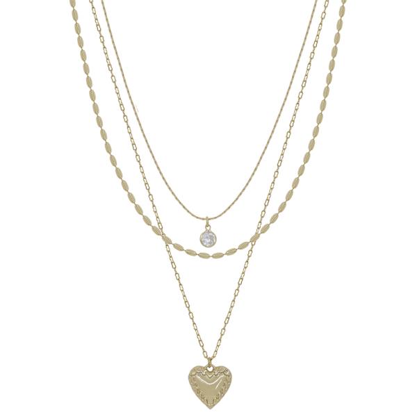 3 LAYERED TEXTURED HEART METAL PENDANT CRYSTAL ACCENT SHORT NECKLACE