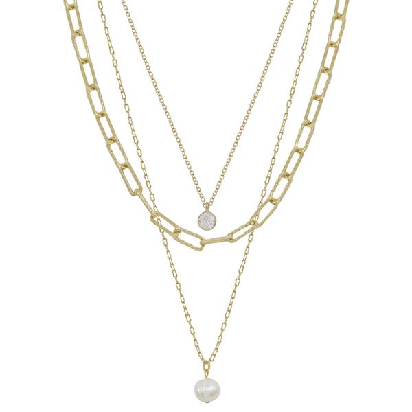 TEXTURED CLIP CHAIN LAYERED CRYSTAL & PEARL PENDANT SHORT NECKLACE